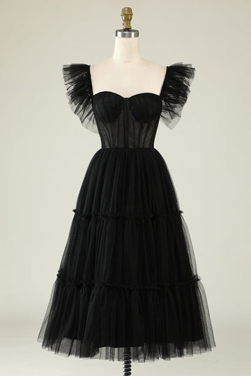 A-Line Tulle Sweetheart Robe de Cocktail Noire